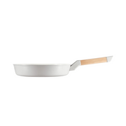 Side view of Happycall Sonora 28cm ceramic nonstick frypan showcasing the pan’s gentle curve and wooden handle.

