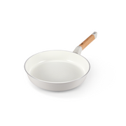 The 28cm Happycall Sonora ceramic nonstick induction frypan, showing its light grey exterior, patterned white interior, and natural wood handle.

