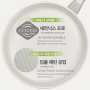 Top-down view of the white ceramic frying pan with wooden handle showing dimpled nonstick surface.

