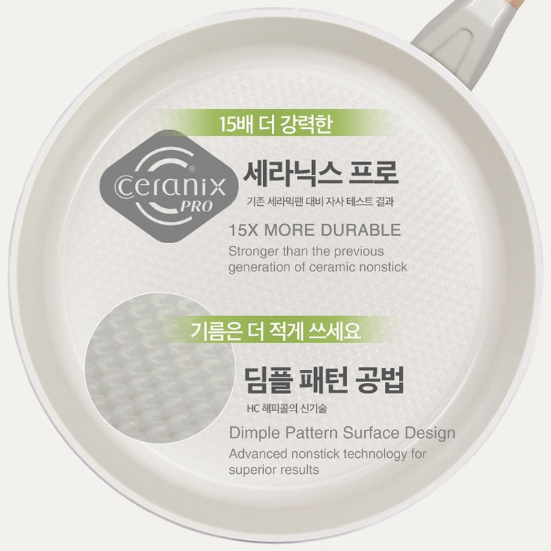 Top-down view of the white ceramic frying pan with wooden handle showing dimpled nonstick surface.

