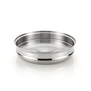 The 28cm Happycall stainless steel steamer insert, showing its perforated base and wide rim, angled on a white background.
