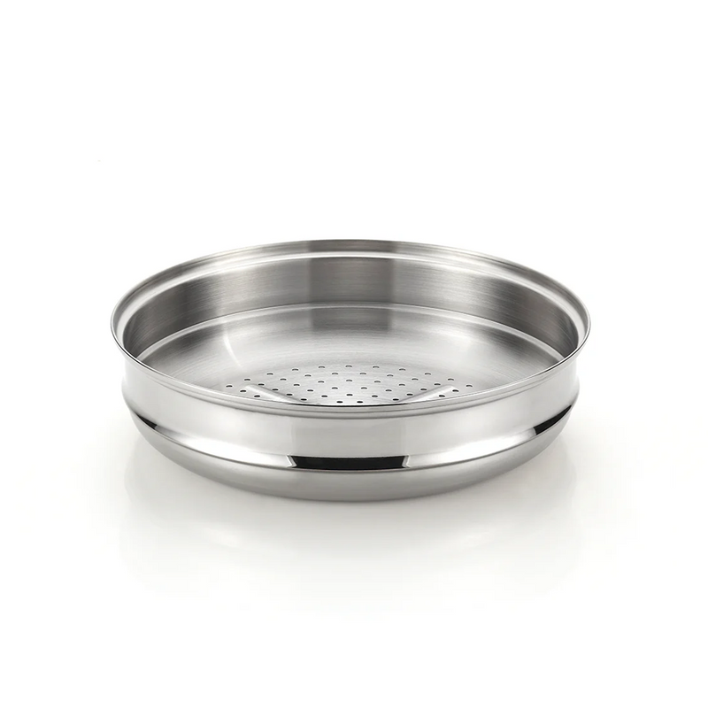 The 28cm Happycall stainless steel steamer insert, showing its perforated base and wide rim, angled on a white background.
