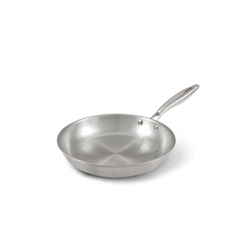 An angled studio shot of the 24cm Happycall Stay 3-Ply Clad Induction Frypan, showing its brushed stainless steel interior and riveted handle.