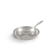 An angled studio shot of the 24cm Happycall Stay 3-Ply Clad Induction Frypan, showing its brushed stainless steel interior and riveted handle.