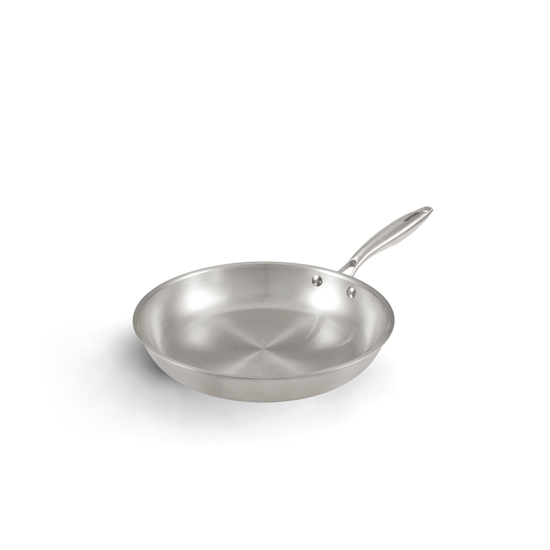 An angled studio shot of the 24cm Happycall Stay 3-Ply Clad Induction Frypan, showing its brushed stainless steel interior and riveted handle.