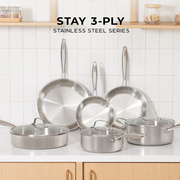The full Happycall Stay 3-Ply Stainless Steel Series cookware collection displayed on a modern kitchen counter.