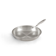 The 28cm Happycall Stay 3-ply clad stainless steel frypan, showing its brushed interior, riveted steel handle, and classic professional design, angled on a white background.
