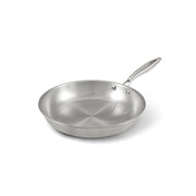 The 28cm Happycall Stay 3-ply clad stainless steel frypan, showing its brushed interior, riveted steel handle, and classic professional design, angled on a white background.