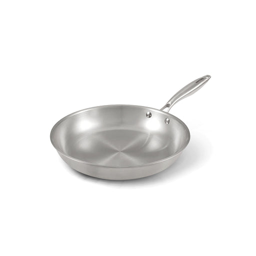 The 28cm Happycall Stay 3-ply clad stainless steel frypan, showing its brushed interior, riveted steel handle, and classic professional design, angled on a white background.