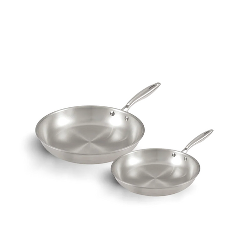 The 2-piece Happycall Stay 3-ply clad stainless steel frypan set, showing the 24cm and 28cm frypans with their brushed interiors and riveted steel handles.