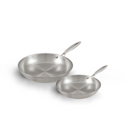 The 2-piece Happycall Stay 3-ply clad stainless steel frypan set, showing the 24cm and 28cm frypans with their brushed interiors and riveted steel handles.