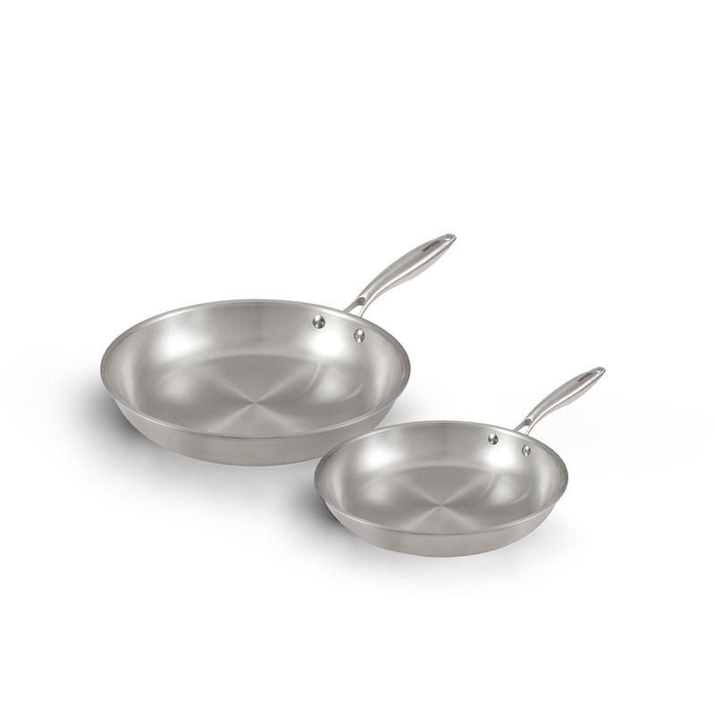 The 2-piece Happycall Stay 3-ply clad stainless steel frypan set, showing the 24cm and 28cm frypans with their brushed interiors and riveted steel handles.