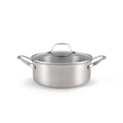 The 24cm Happycall Stay 3-ply clad stainless steel pot with its matching glass and steel lid, showing its brushed finish and dual side handles, angled on a white background.
