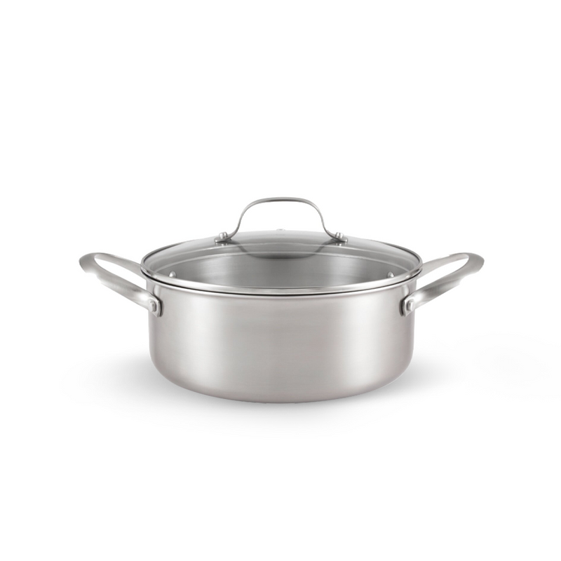 The 24cm Happycall Stay 3-ply clad stainless steel pot with its matching glass and steel lid, showing its brushed finish and dual side handles, angled on a white background.
