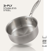 Stainless steel frying pan with '3-Ply Stainless Steel' text on a white background
