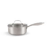 The 20cm Happycall Stay 3-ply clad stainless steel saucepan with its matching glass and steel lid, showing its brushed finish and long steel handle, angled on a white background.
