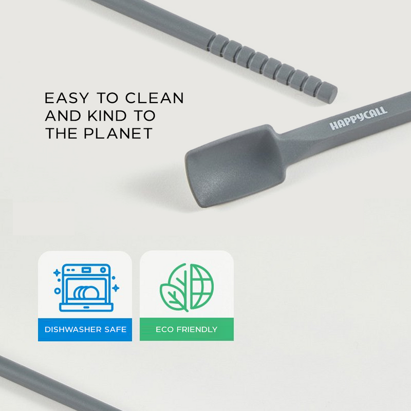 Close-up of Happycall VIVA Silicone Chopsticks with text highlighting easy cleaning, eco-friendliness, and dishwasher safety.

