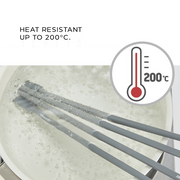 Happycall silicone chopsticks submerged in boiling water with a graphic showing heat resistance up to 200°C.

