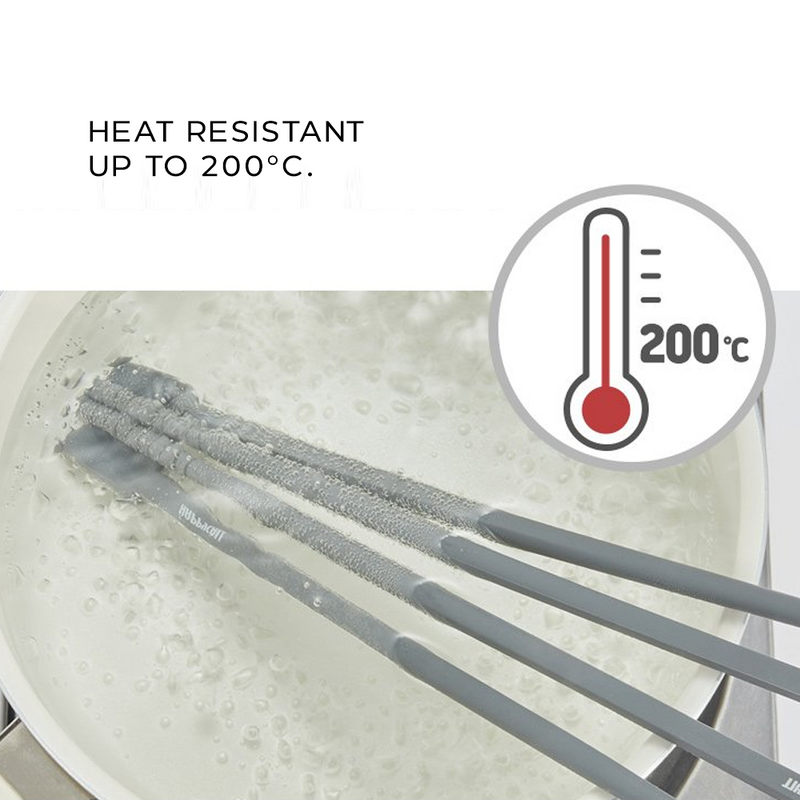 Happycall silicone chopsticks submerged in boiling water with a graphic showing heat resistance up to 200°C.

