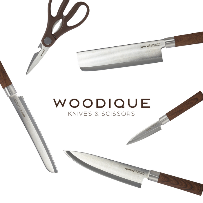 Happycall Woodique Knife & Scissor 5P Set featuring a chef's knife, Nakiri knife, bread knife, paring knife, and kitchen scissors, all with wooden handles.