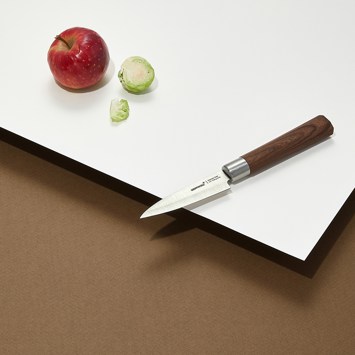 Happycall Woodique paring knife with wooden handle placed next to an apple and Brussels sprouts on a clean, minimalistic background.