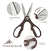 Close-up of Happycall Woodique kitchen scissors highlighting the fine-toothed blade, bottle opener, and walnut crusher functions.