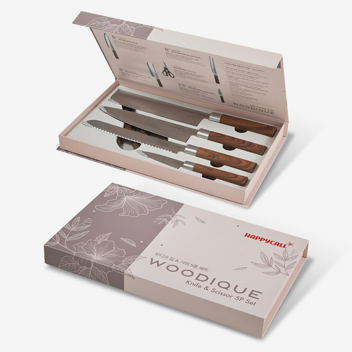 Happycall Woodique Knife & Scissor 5P Set displayed in an open box, showing the neatly arranged knives and scissors with wooden handles.