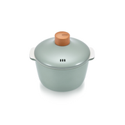 The 20cm Happycall Zium ceramic nonstick induction pot in a sage green finish, shown with its matching lid, light wood knob, and dual side handles.
