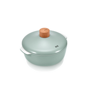The 24cm Happycall Zium ceramic nonstick induction pot in a sage green finish, shown with its matching lid, light wood knob, and dual side handles.
