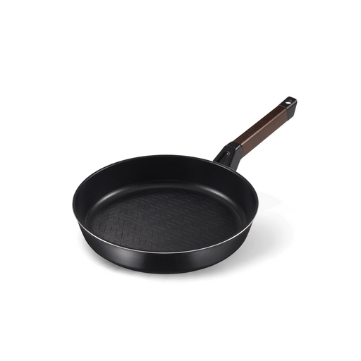 Happycall Royal Graphene Titanium Plus Induction Frypan 24cm with wood-look handle isolated on white.