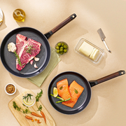 Happycall Royal Series 24cm and 28cm frypan set on a beige surface with salmon, steak, and cooking ingredients.