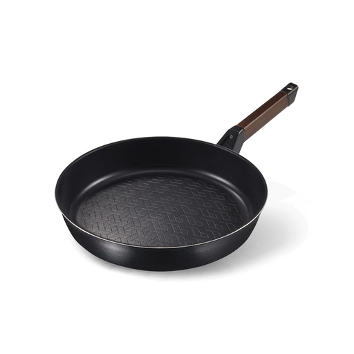 Happycall Royal Graphene Titanium Plus Induction Frypan 28cm with wood-look handle isolated on white background.