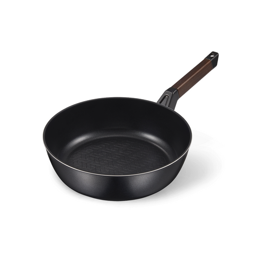 Angled view of the deep Happycall Royal nonstick wok 26cm isolated on white.