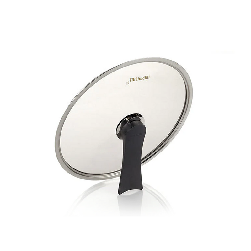 The 28cm Happycall self-standing tempered glass lid, shown standing upright on its handle against a white background.
