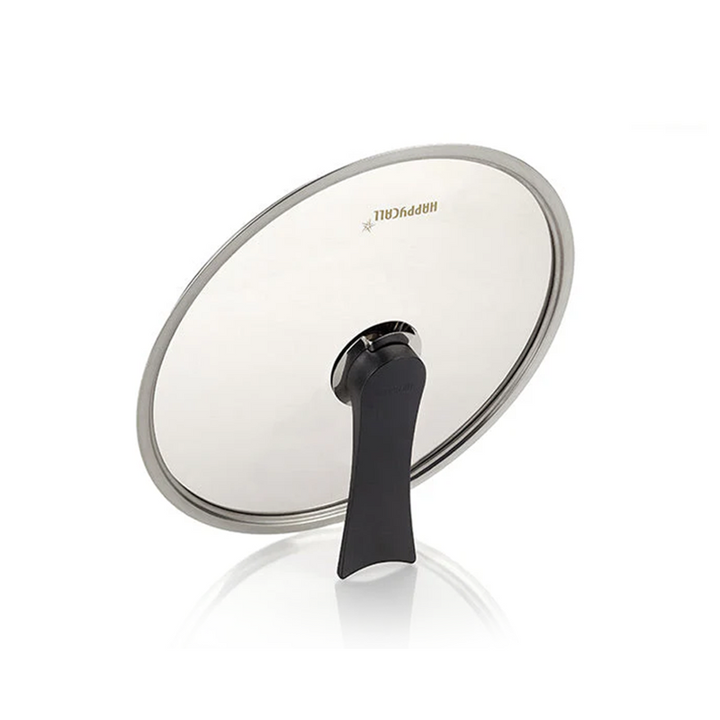The 30cm Happycall self-standing tempered glass lid, shown standing upright on its handle against a white background.
