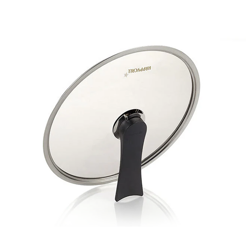 The 32cm Happycall self-standing tempered glass lid, shown standing upright on its handle against a white background.
