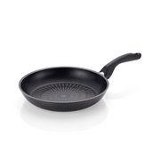 Happycall Plasma Titanium Frypan - Angled View: An angled view of the Happycall Plasma Titanium Frypan placed on a white surface, showcasing the ergonomic handle and the distinctive pattern inside the pan.


