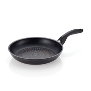 The black 30cm Happycall Plasma Titanium Nonstick Induction Frypan, showing its patterned interior and ergonomic handle, angled on a white background.
