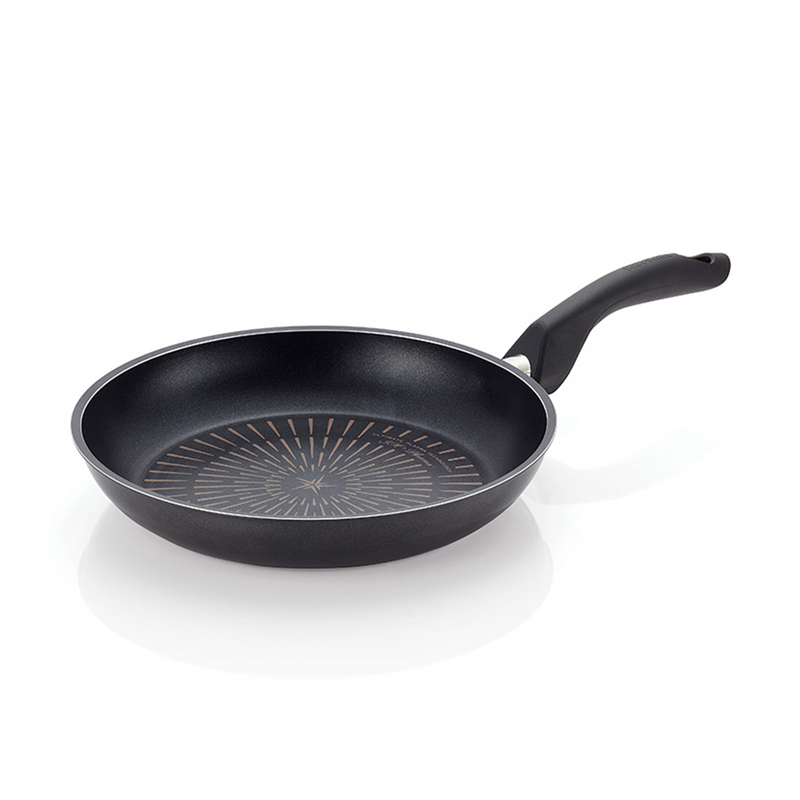 The black 30cm Happycall Plasma Titanium Nonstick Induction Frypan, showing its patterned interior and ergonomic handle, angled on a white background.
