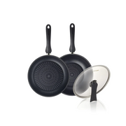 The three-piece Happycall Plasma Titanium Nonstick Induction Set, showing the 30cm frypan, 30cm wok, and the self-standing glass lid, on a white background.
