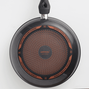 Bottom View of Happycall Plasma Titanium Frypan: The bottom of the Happycall Plasma Titanium Frypan, showcasing the unique circular pattern with branding and technology labels. The base is designed for induction compatibility.

