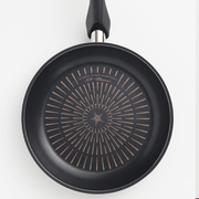 Top View of Happycall Plasma Titanium Frypan: A top-down view of the interior of the Happycall Plasma Titanium Frypan, highlighting the radiating pattern that promotes even heat distribution.

