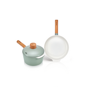 The Happycall Zium ceramic nonstick induction set, showing the 18cm saucepan with its sage green lid, and the 24cm frypan with its white cooking surface.
