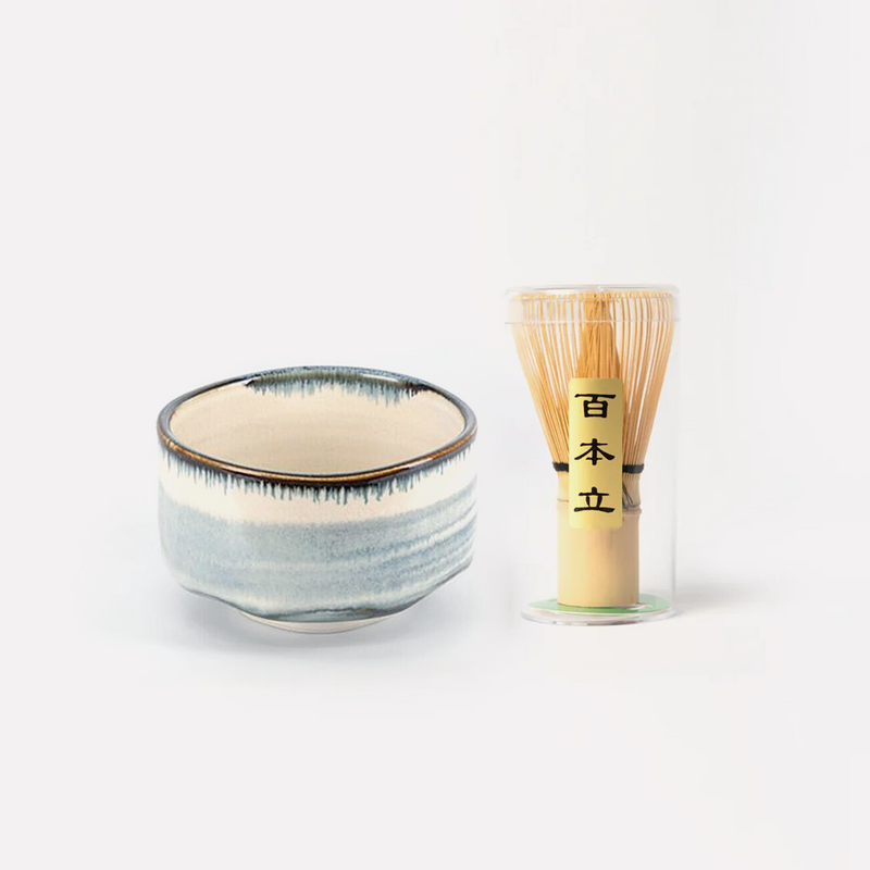 Mino Yaki Harukasumi Matcha Bowl and Whisk Set - 600ml - Blue & White