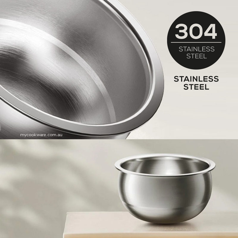 Close-up of a 304 stainless steel bowl from the Hoper Layer stainless steel rice cooker, emphasizing its durable material.
