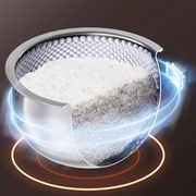 Dynamic image of a stainless steel pot inside the Hoper Layer stainless steel rice cooker with a blue energy glow demonstrating its heating technology.
