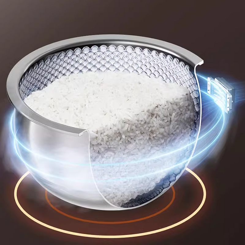 Dynamic image of a stainless steel pot inside the Hoper Layer stainless steel rice cooker with a blue energy glow demonstrating its heating technology.
