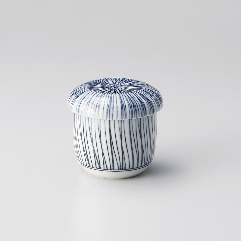 Hoso Tokusa chawanmushi bowl with lid, fine blue stripe pattern