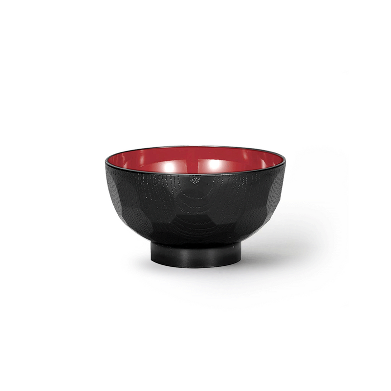 The Ishida Kikkou Japanese Soup Bowl, showing its black exterior with a hexagonal 'Kikkou' pattern and a contrasting vibrant red interior.