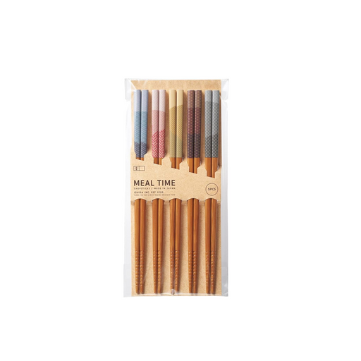 Ishida Weather Delight Chopstick Set featuring five pairs of chopsticks in light blue, pink, yellow, brown, and grey, each uniquely patterned, showcased in a vertically oriented package, Made in Japan.